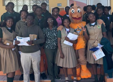Peter the Pelican with students 2