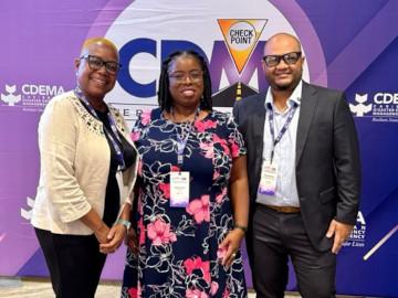 Dr. Karen Rosemin, Head DLI (left), Ms. Gayle Drakes, CDEMA Session Moderator (Centre), and Mr. Riaz Baldeo Project Manager, Digital Strategy and Learning (right) at CDM13.